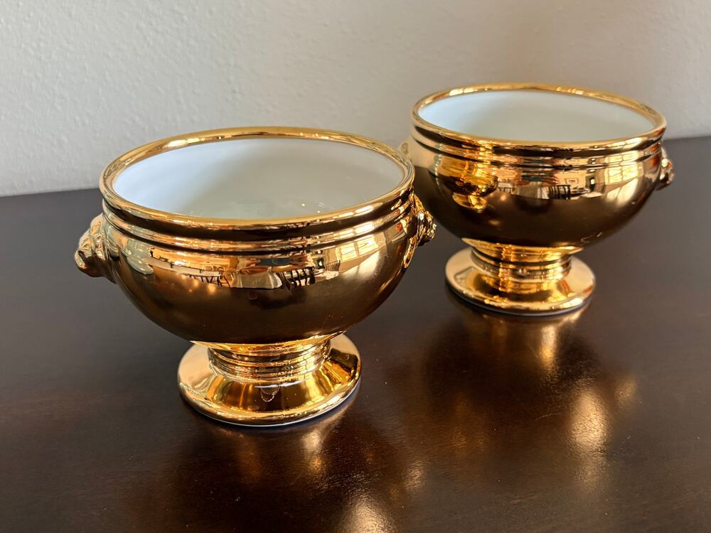 RARE Marc Blackwell Palazzo Gold Lion Compote Bowls Set 2 Burnished Florentine